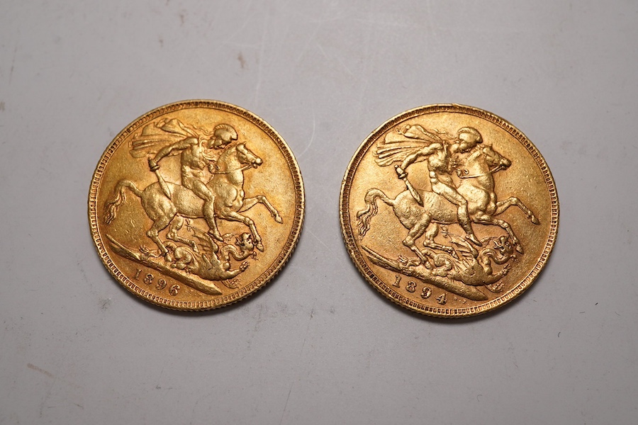 British gold coins, Victoria, two gold sovereigns, veiled head, 1894, VF and 1896, near VF